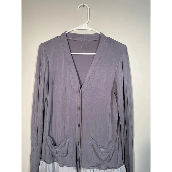 Logo by Lori Goldstein Gray Longline Cardigan with Gradient Chiffon Layer - Picture 3 of 12